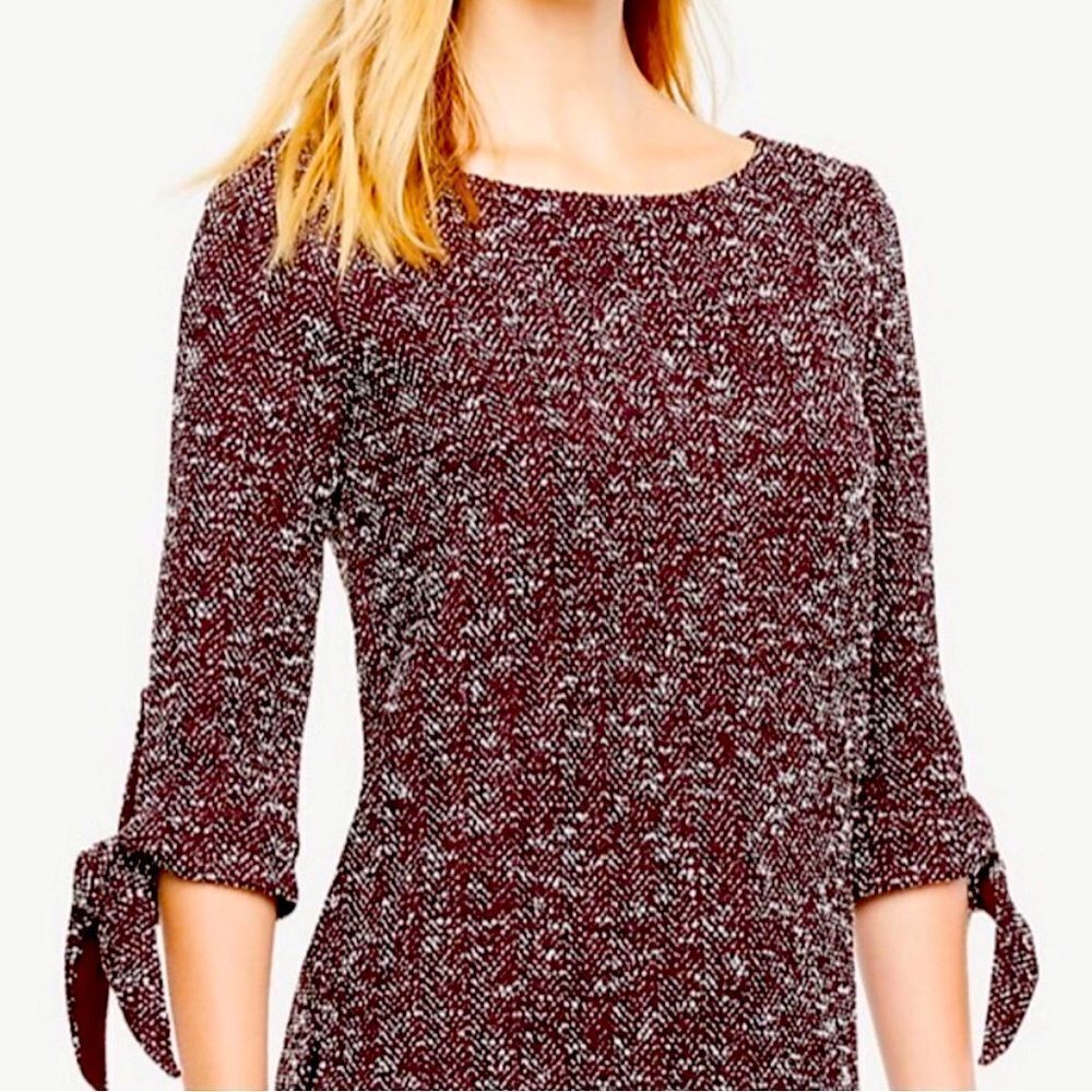Ann Taylor Burgundy White Boucle Bow Sleeve Pullover Top